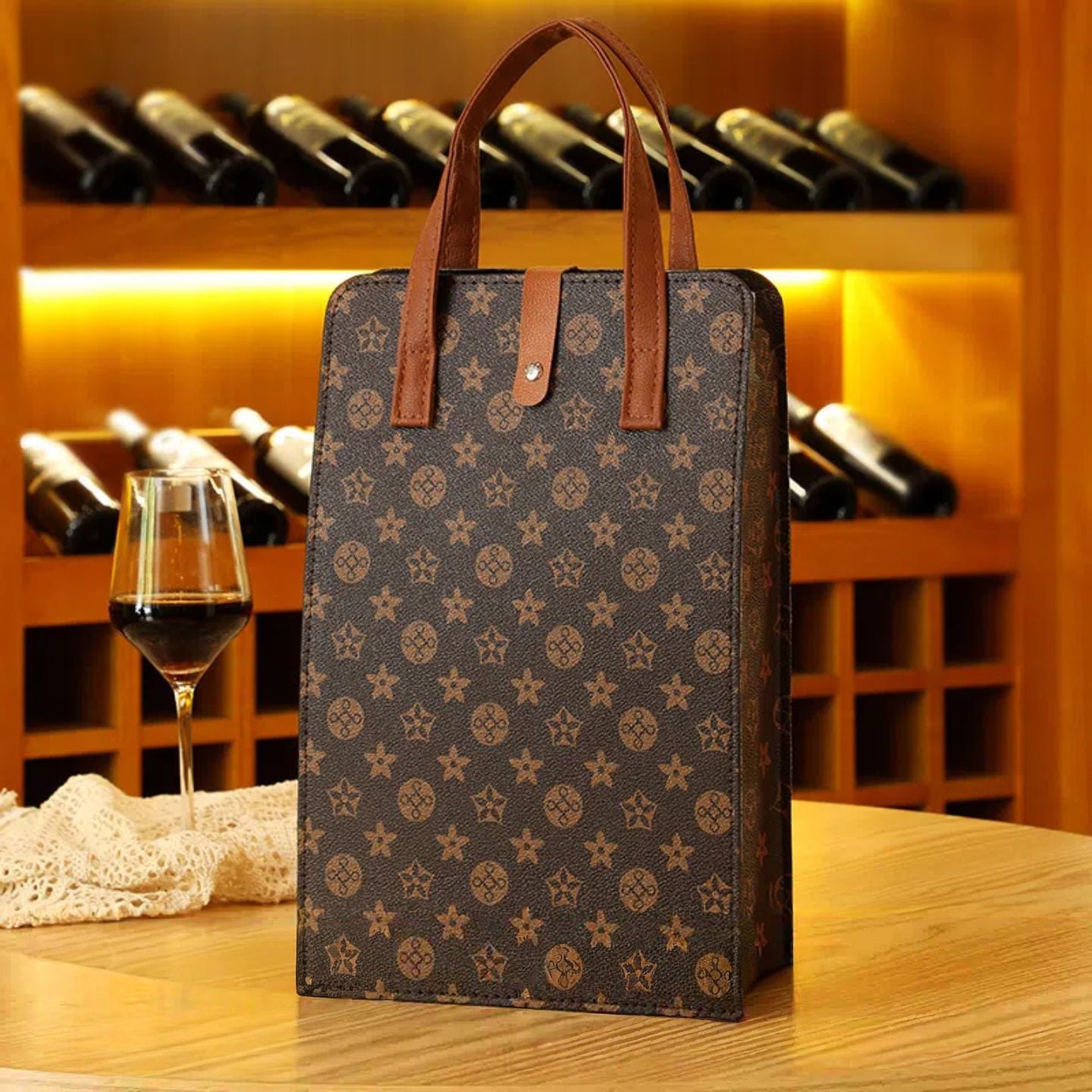 Portable Double Bottle Leather Wine Tote Bag