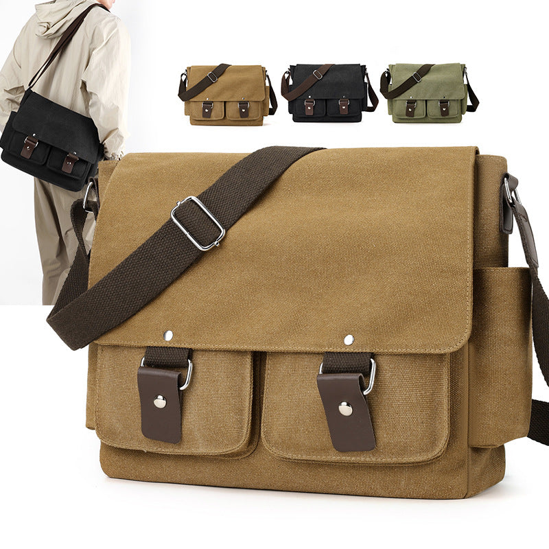 Vintage Canvas Messenger Bag - Multi-Pocket Crossbody Satchel