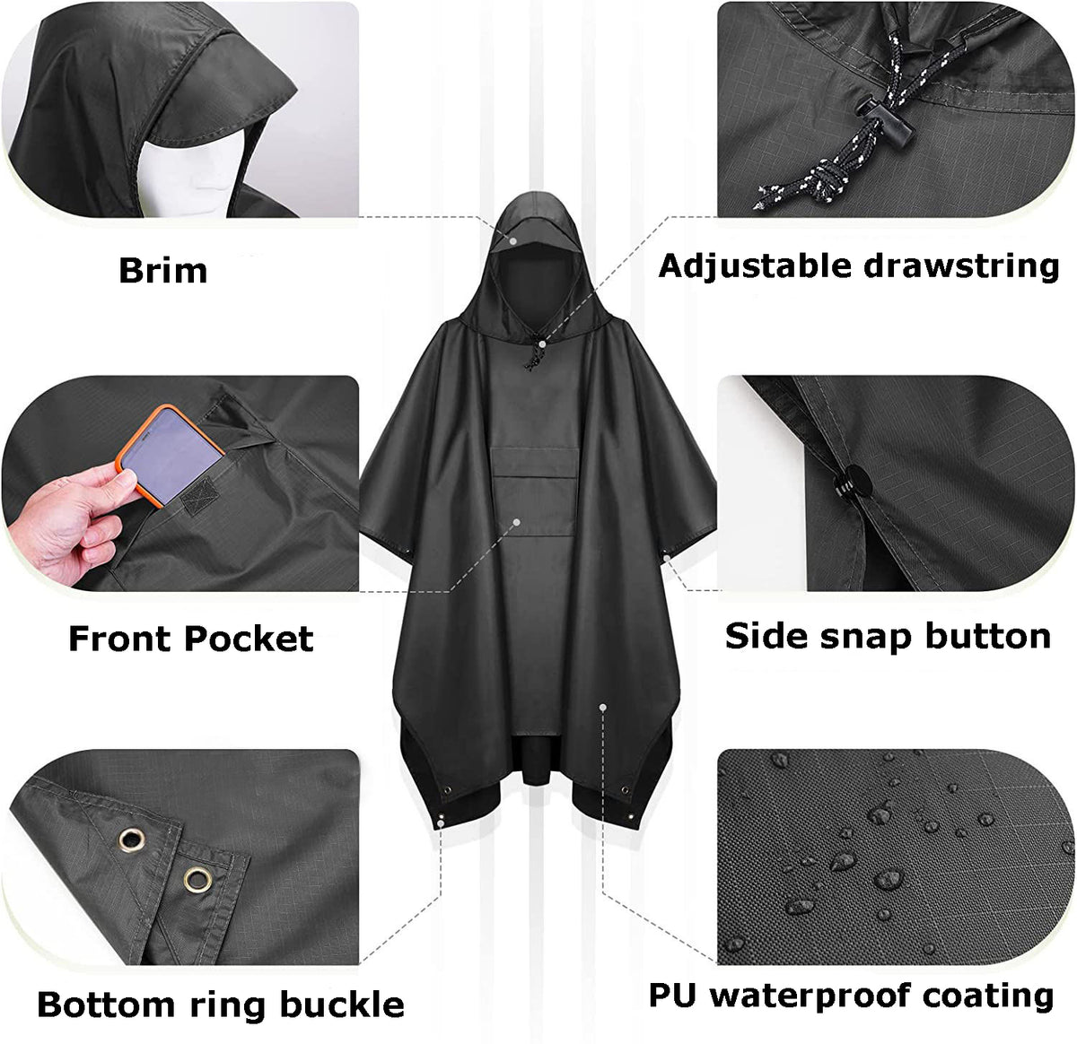 Multi-functional 3-in-1 Poncho Hooded Rain Poncho Waterproof Raincoat Jacket for Men Women Adults