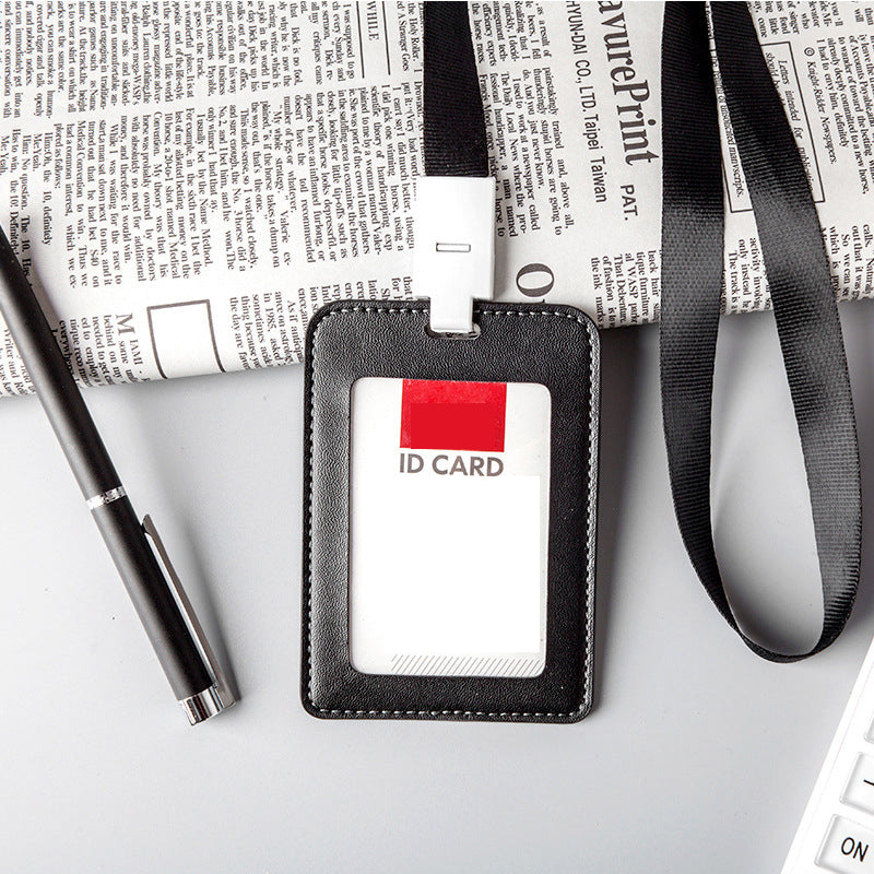 Leather Vertical ID Card Holder Badge Holder With Lanyard
