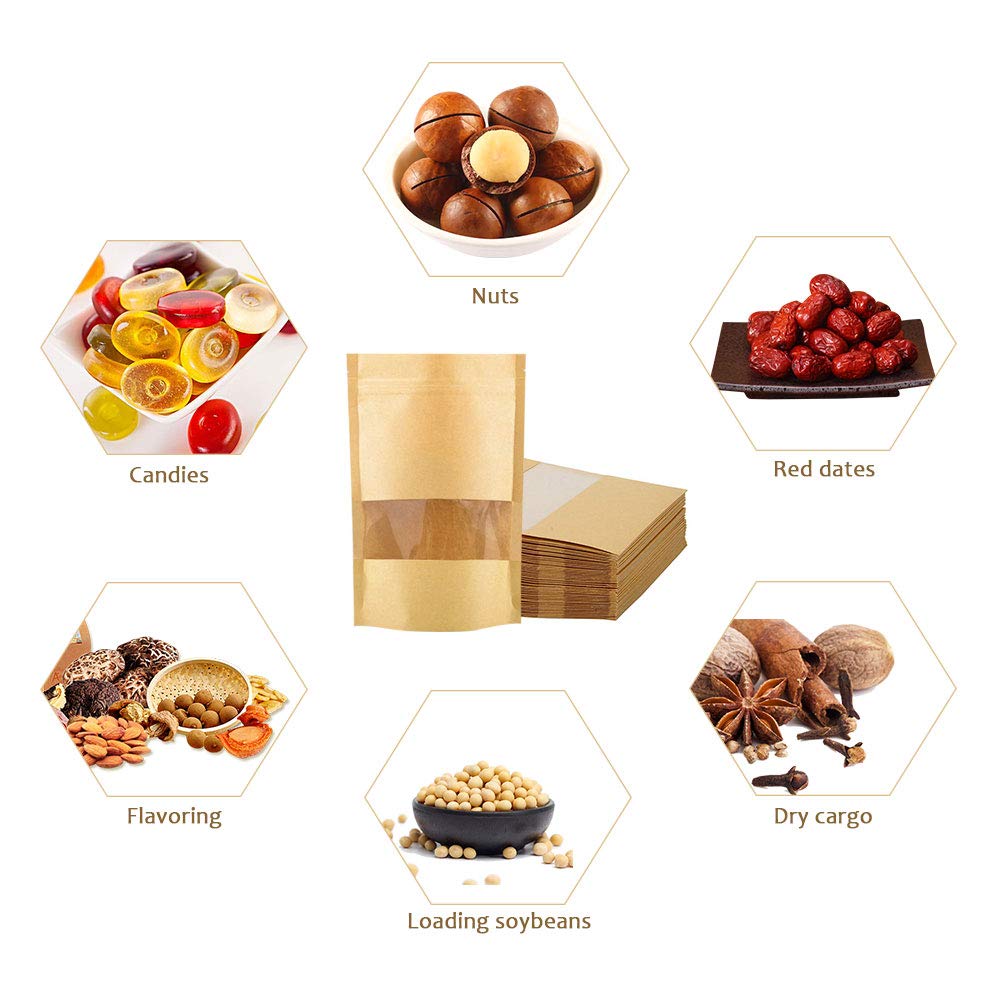 7.1 x 10.2" Kraft Bags with Window Stand Up Ziplock Seal Paper Bag Resealable Food Storage Pouch