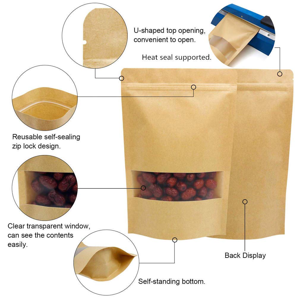 7.1 x 10.2" Kraft Bags with Window Stand Up Ziplock Seal Paper Bag Resealable Food Storage Pouch