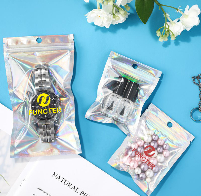 Custom Size 4x7.1" Iridescent Resealable Plastic Bags Clear Window Zipper Bag Zip lock Storage Pouch