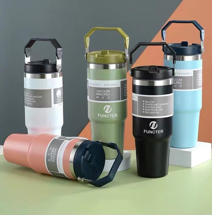 30 Oz /900ml Insulated Water Bottle Tumbler Cup W/Flip Straw and Handle Loop