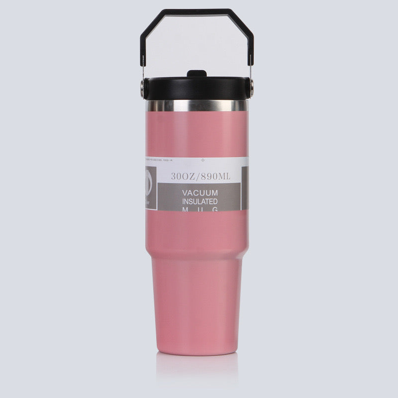 30 Oz /900ml Insulated Water Bottle Tumbler Cup W/Flip Straw and Handle Loop