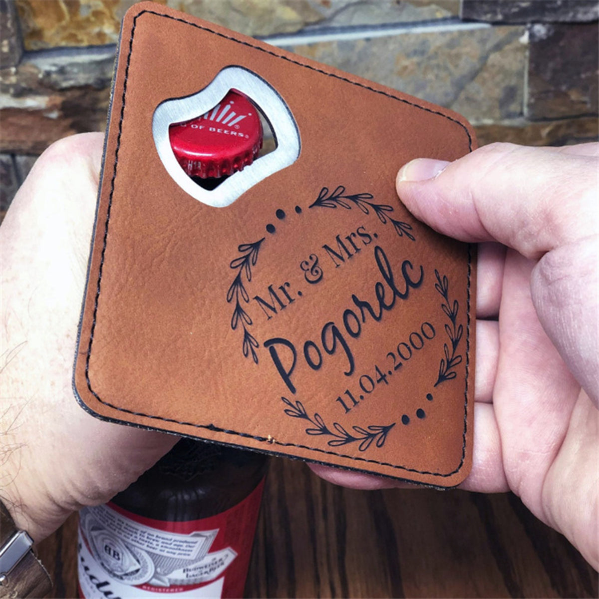 2" 1 Square Leather Coaster Bottle Opener