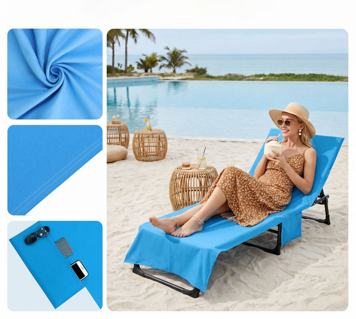 Beach Chair Cover with Side Pockets for Sun Lounger Pool Sunbathing Garden Beach Hotel