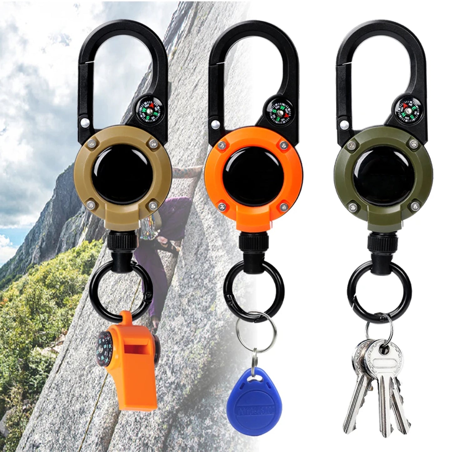Outdoor Retractable Heavy Duty Badge Reel Key Holder w/ Compass
