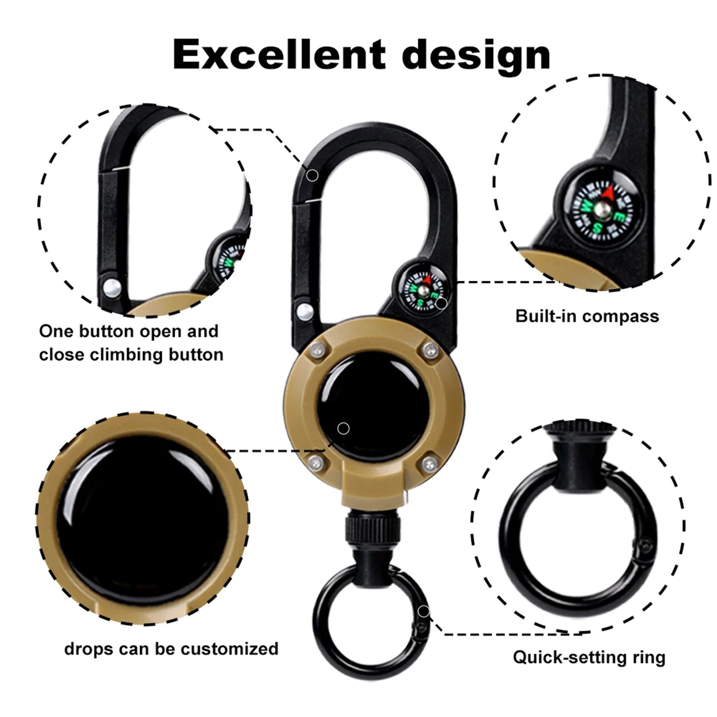 Outdoor Retractable Heavy Duty Badge Reel Key Holder w/ Compass