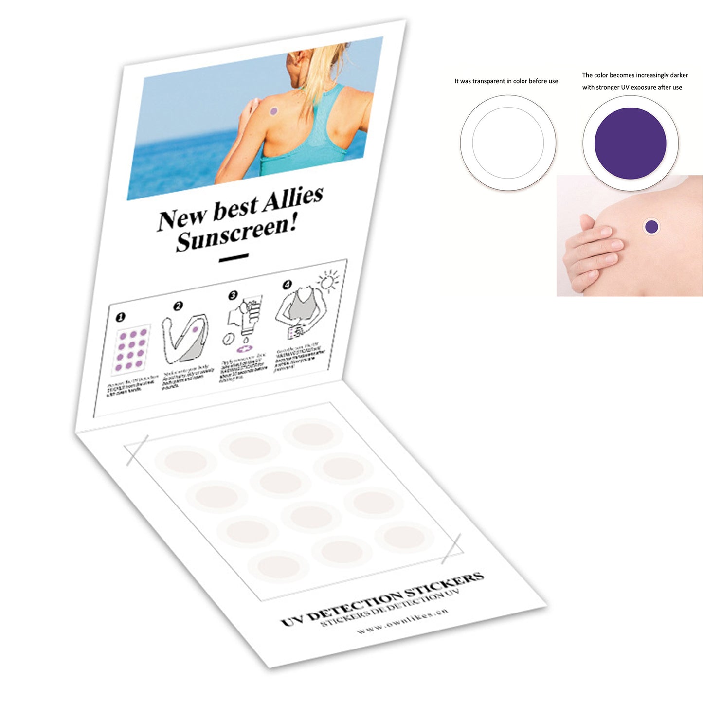24 Pcs / 2 Sheets Sunburn Alert Sticker Round Shape Detection Reminder UV Stickers for Sunscreen