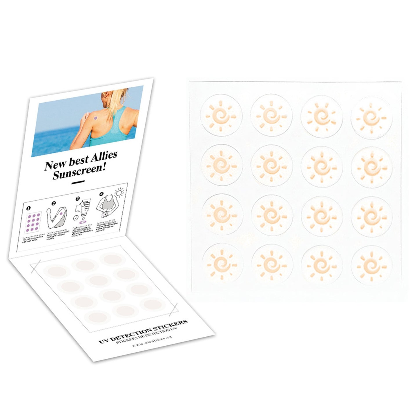 16Pcs / Sheets Sunburn Alert Sticker Sun Shape Detection Reminder UV Stickers for Sunscreen