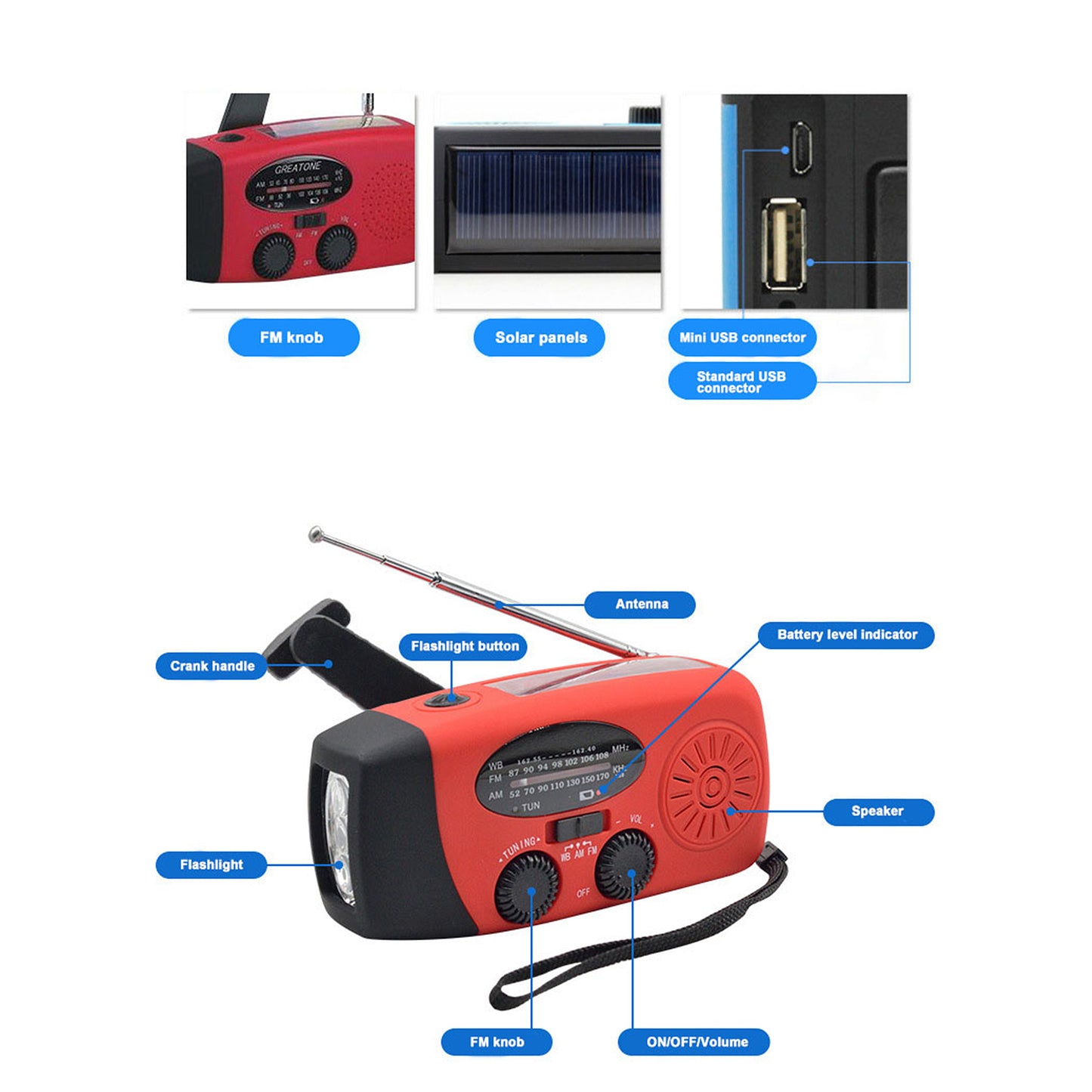 2000 mAh AM/FM NOAA Radio w/Cellphone Charger & Flashlight