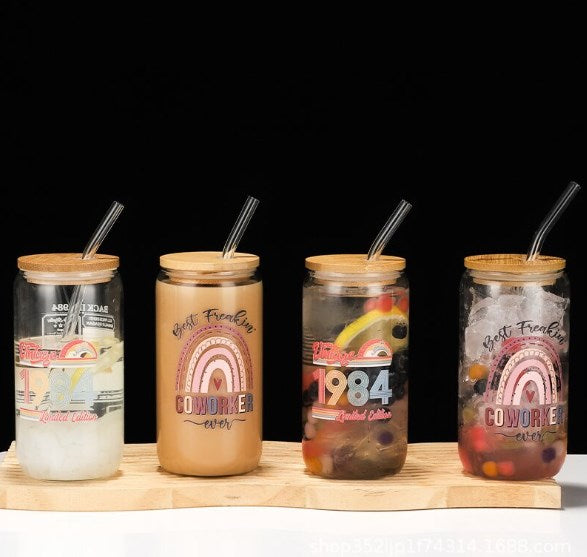 16oz Drinking Glass Cup with Bamboo Lid and Glass Straw