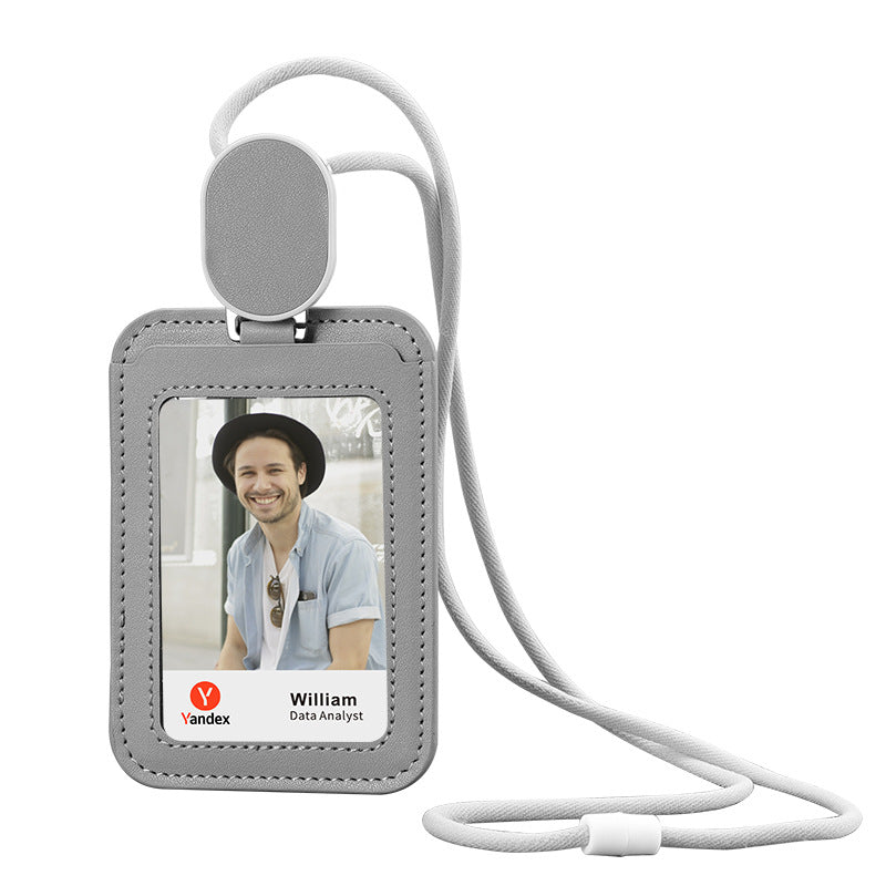 Leather Employee's ID Badge Holder Card Holder With Telescopic Lanyard