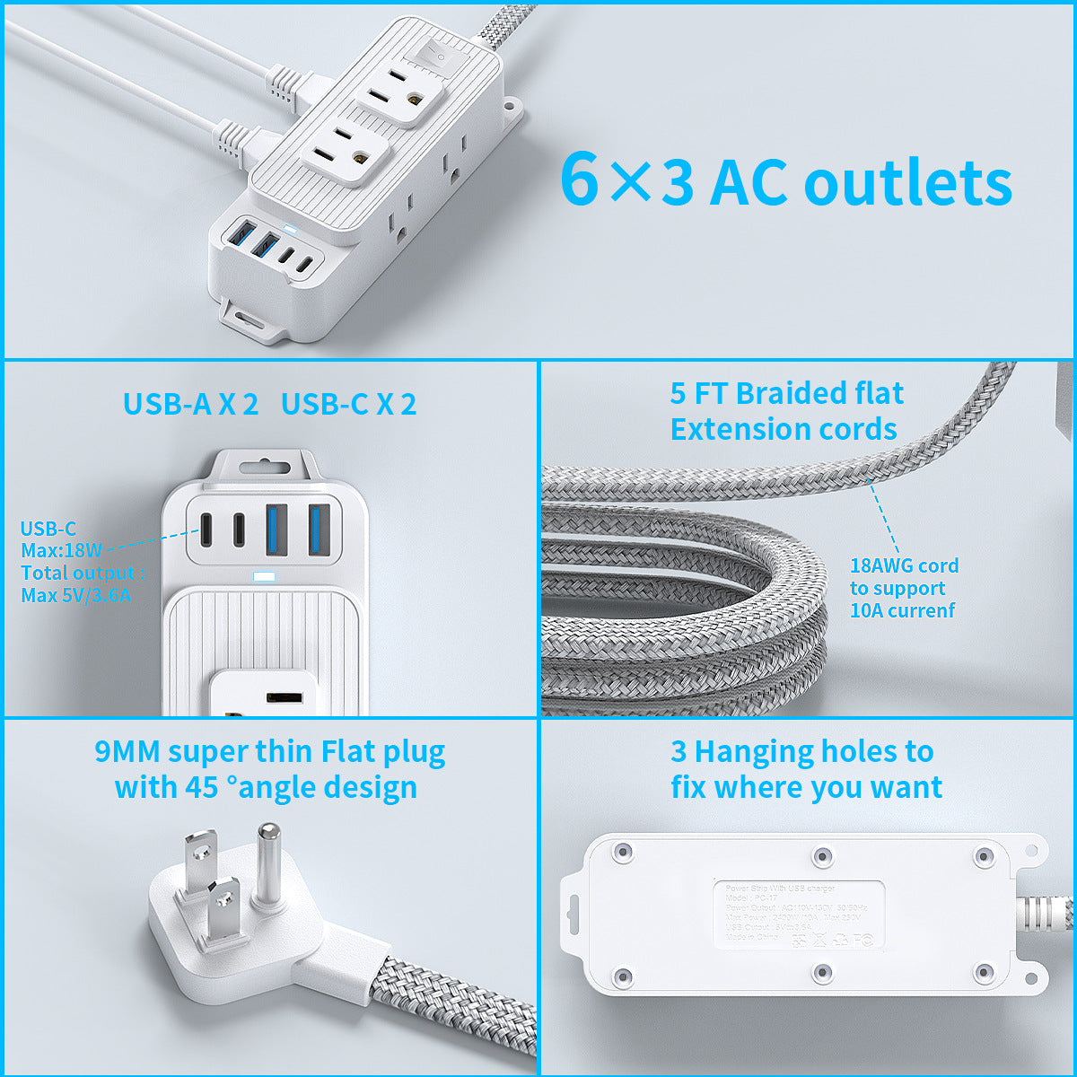 45 Degree Plug 6 Ports 2 USB 2 PD Multiple Function Wall Charger Mold#PC-17