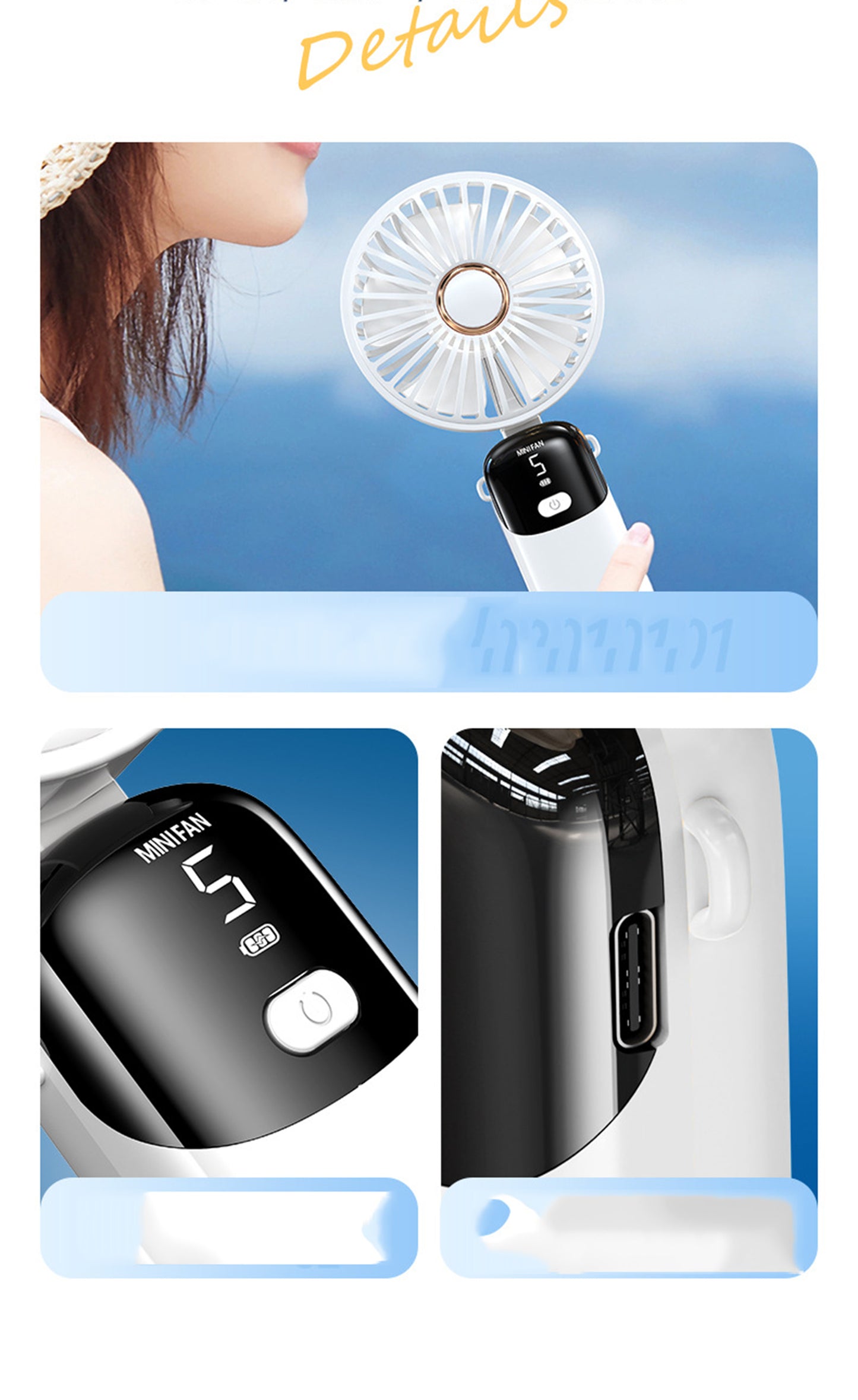 Portable Handheld Fan, 5 Speed Adjustable Fan with LED Display, Handheld/Neck/Desk 3" 1 Small Fan