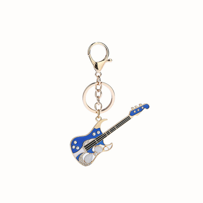 Diamond Studded Electric Guitar Keychain W/Oval Metal Tag