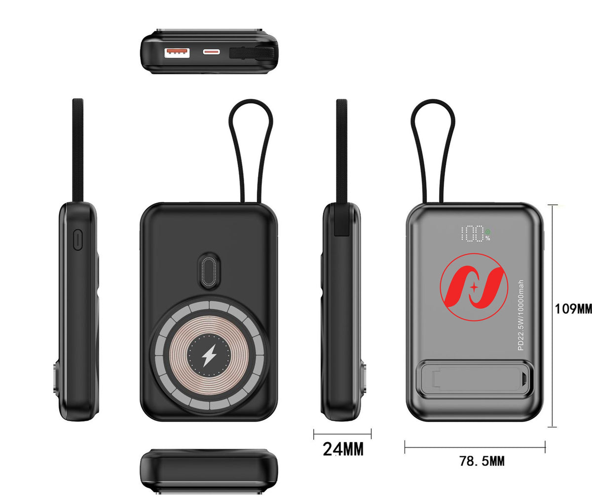 10000mAh Magnetic Wireless PD22.5W Fast Charging Power Bank W/ Foldable Stand & Charging Cable