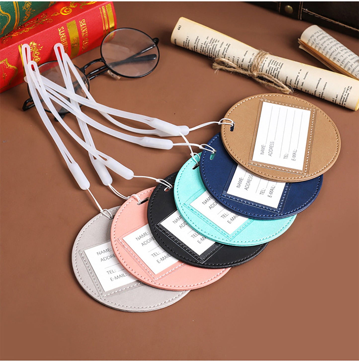 Portable Round Shape PU Leather Luggage Personalizable Travel ID Tag