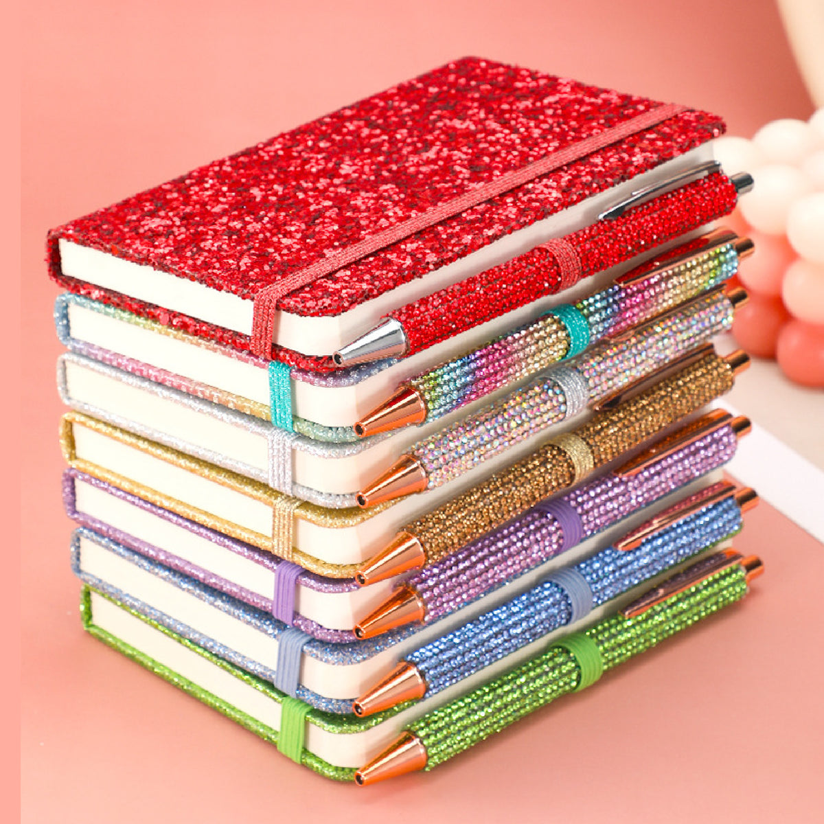 Glitter Notebook A6 Ruled Lines Journal w/Band Pen Loop Hardcover Pocket Notebook