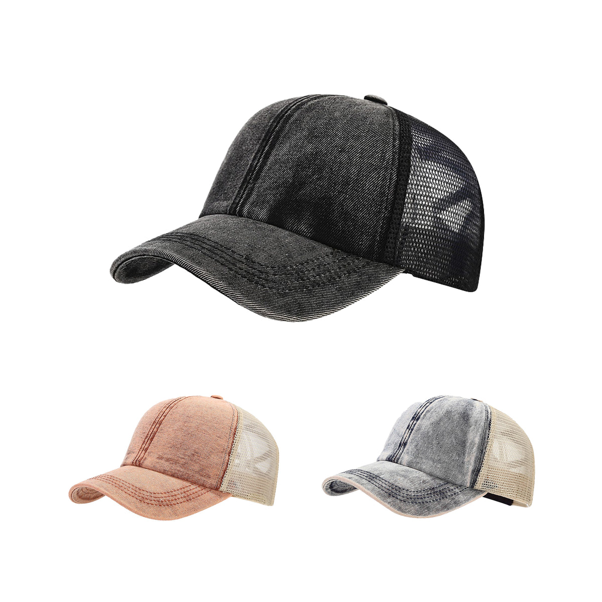 Women's Vintage Washed Patchwork Mesh Cross-Stitch Ponytail Baseball Cap