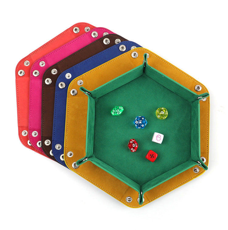 7'' x 7'' Hexagonal Foldable PU Leather Dice Tray / Valet Tray, Portable Multi-Purpose Storage Tray