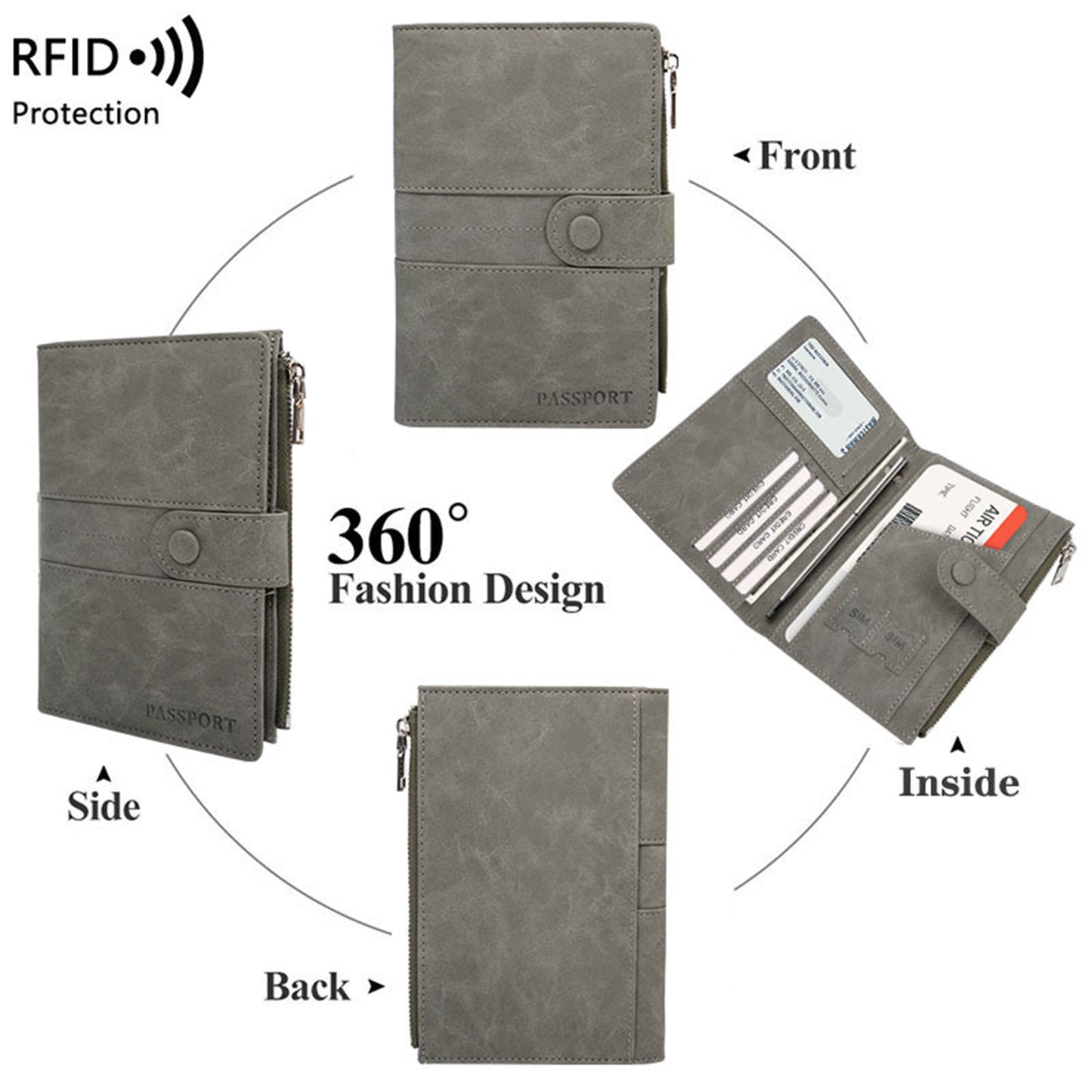 Multi Compartment Travel Wallet PU Leather RFID Passport Cover