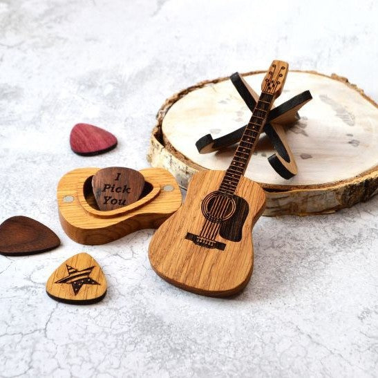 Wooden Acoustic Guitar Pick Box W/ Stand