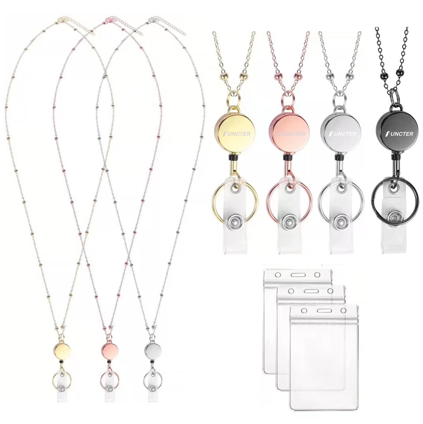 Retractable Metal Necklace Lanyard Badge Holder with Transparent ID Card Holder
