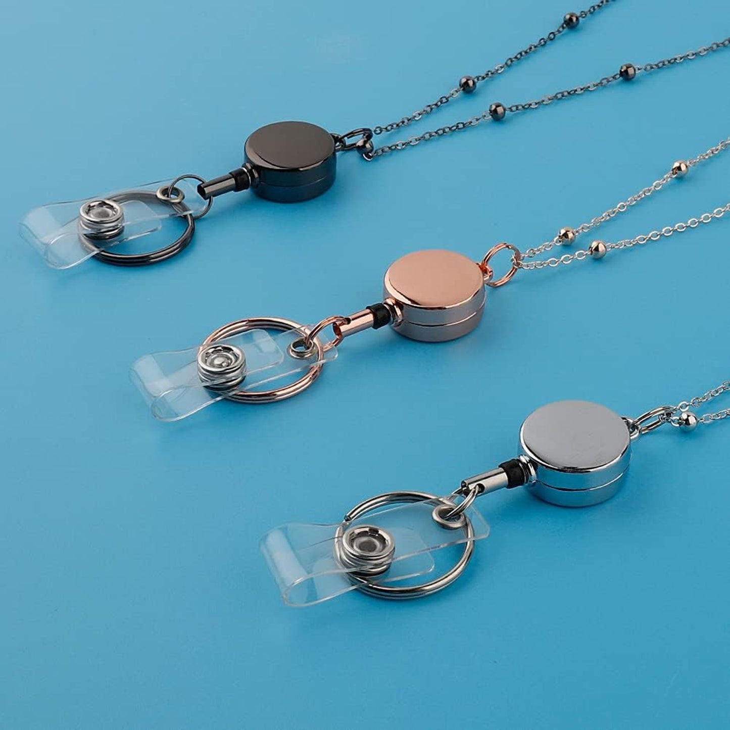 Retractable Stainless Steel Necklace Lanyard Badge Holder with Transparent ID Card Holder