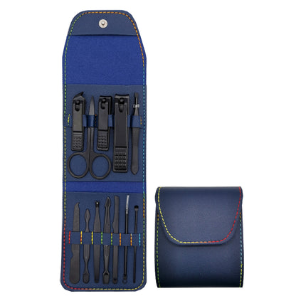 Black Carbon Steel 12 Pieces Manicure Set W/ PU Case