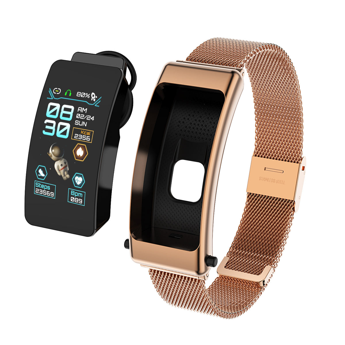 2" 1 Smart Bracelet Wireless Headphone Steel Belt
