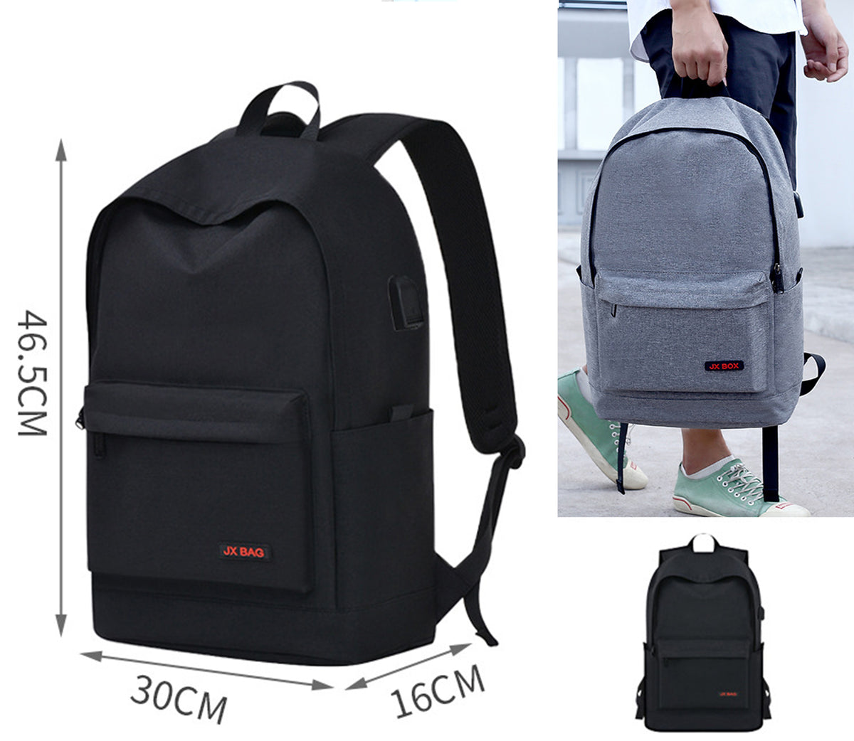 Size L Black Backpack Simple School Bag Middle School Backpack USB Backpack