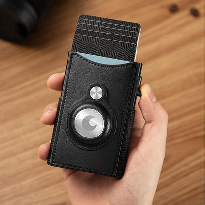RFID Pop-up Card Holder Genuine Leather Card Bag Tracker Case Wallet Card Clip W/ Elastic Band