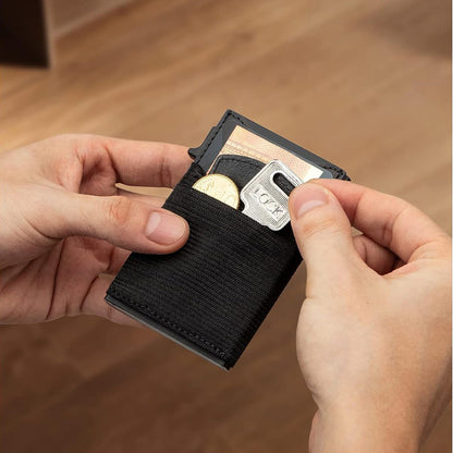 RFID Pop-up Card Holder Genuine Leather Card Bag Tracker Case Wallet Card Clip W/ Elastic Band