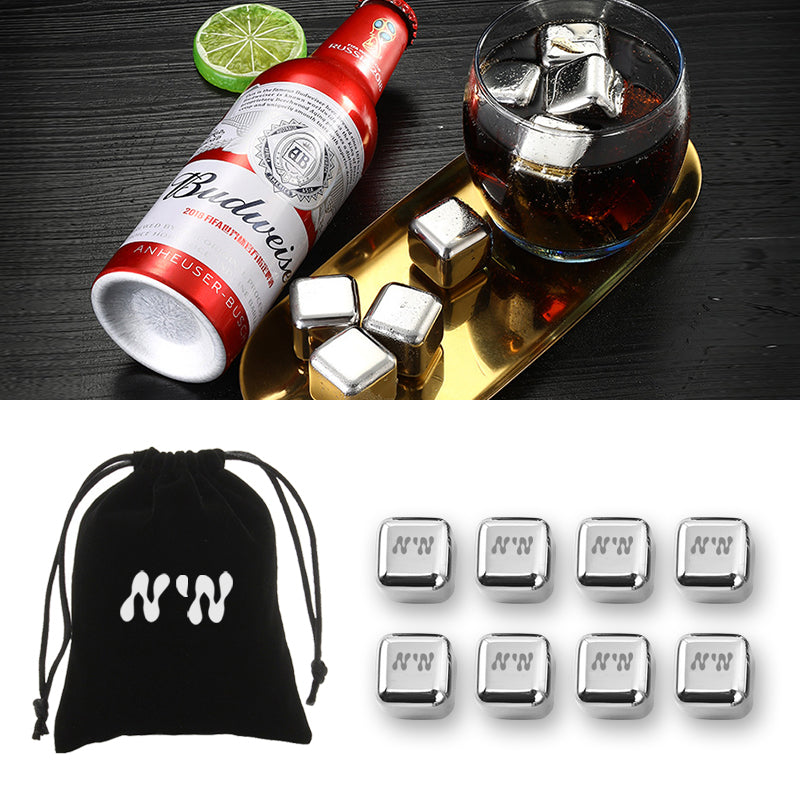 8 pcs Stainless Steel Wine Ice Cube W/ Velvet String Bag