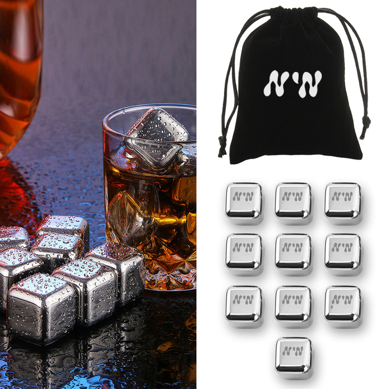 10 pcs Stainless Steel Wine Ice Cube W/ Velvet String Bag