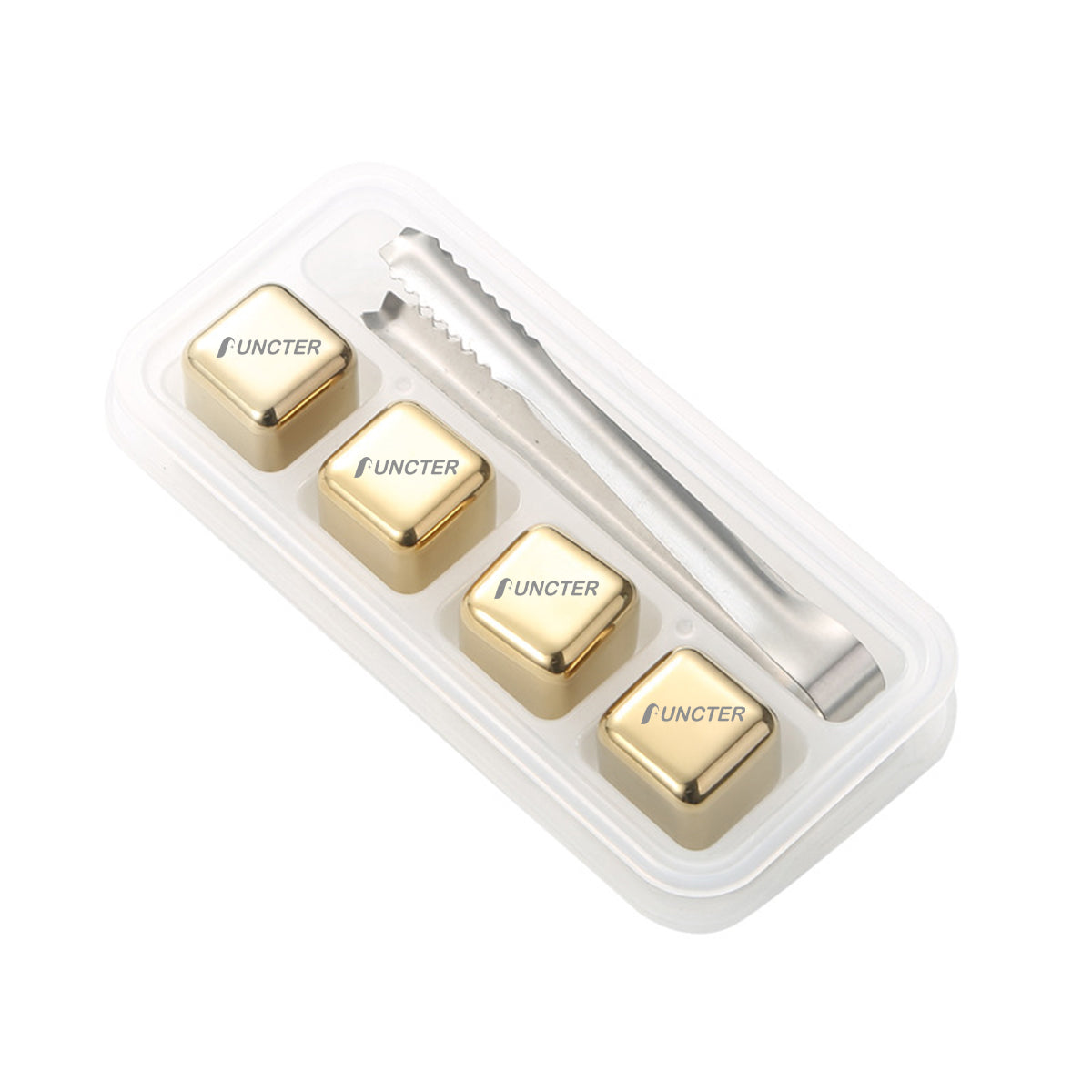 Gold Color Four Pieces Cube Shape Stainless Steel Metal Ice Cube Ice Cake W/ Metal Clip