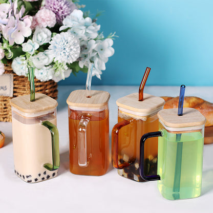 17oz Drinking Glass Cup with Bamboo Lid and Glass Straw