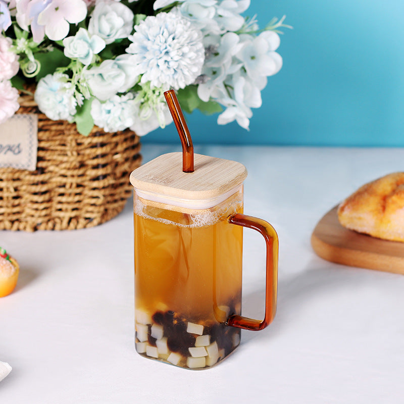 17oz Drinking Glass Cup with Bamboo Lid and Glass Straw