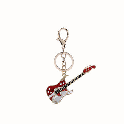 Diamond Studded Electric Guitar Keychain W/Bar Shape Metal Tag