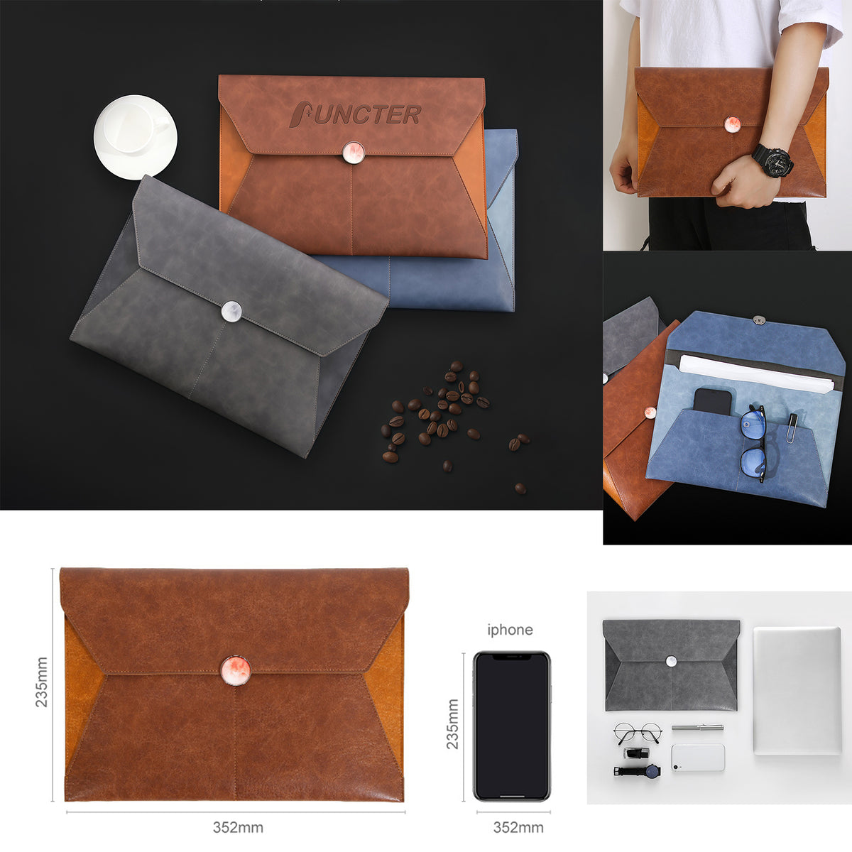 PU Leather A4 Envelope File Organiser Document Bags W/ Magnetic Snap Closure