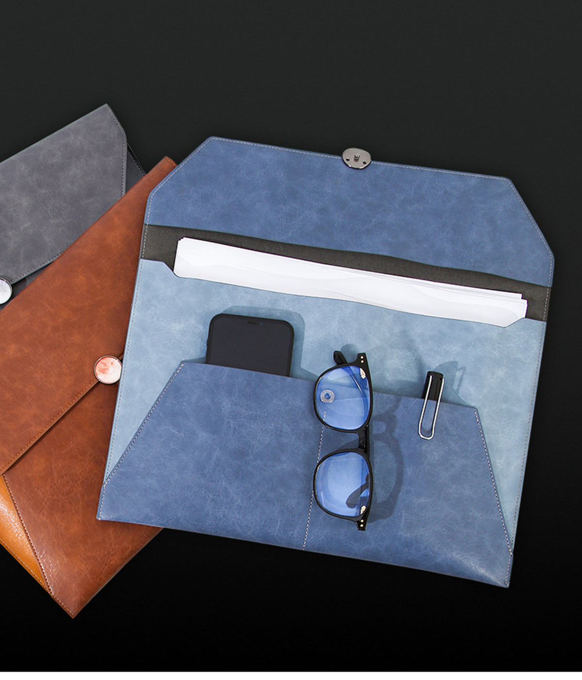 PU Leather A4 Envelope File Organiser Document Bags W/ Magnetic Snap Closure