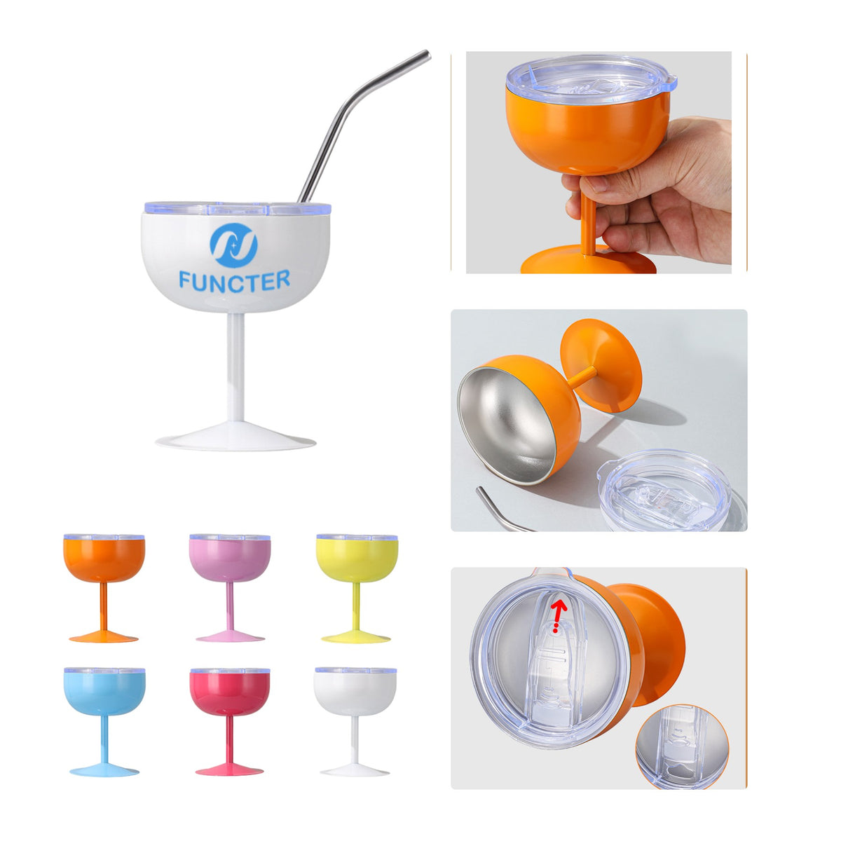 Stainless Steel Screen Printed Wine Glass W/ Straw 5 oz.