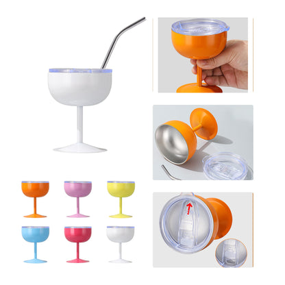 Stainless Steel Screen Printed Wine Glass W/ Straw 5 oz.