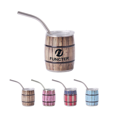 Stainless Steel Screen Printed Barrel Shaped Mini Wine Cup W/ Straw 3 oz.