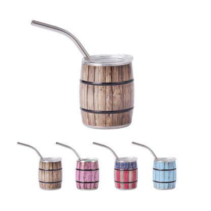 Stainless Steel Screen Printed Barrel Shaped Mini Wine Cup W/ Straw 3 oz.