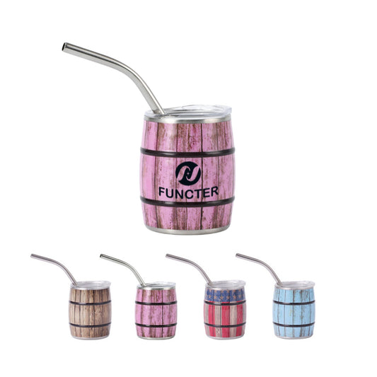 Stainless Steel Screen Printed Barrel Shaped Mini Wine Cup W/ Straw 5 oz.