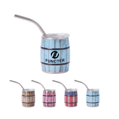 Screen Printed Barrel Shaped Mini Wine Cup W/ Straw 7 oz.