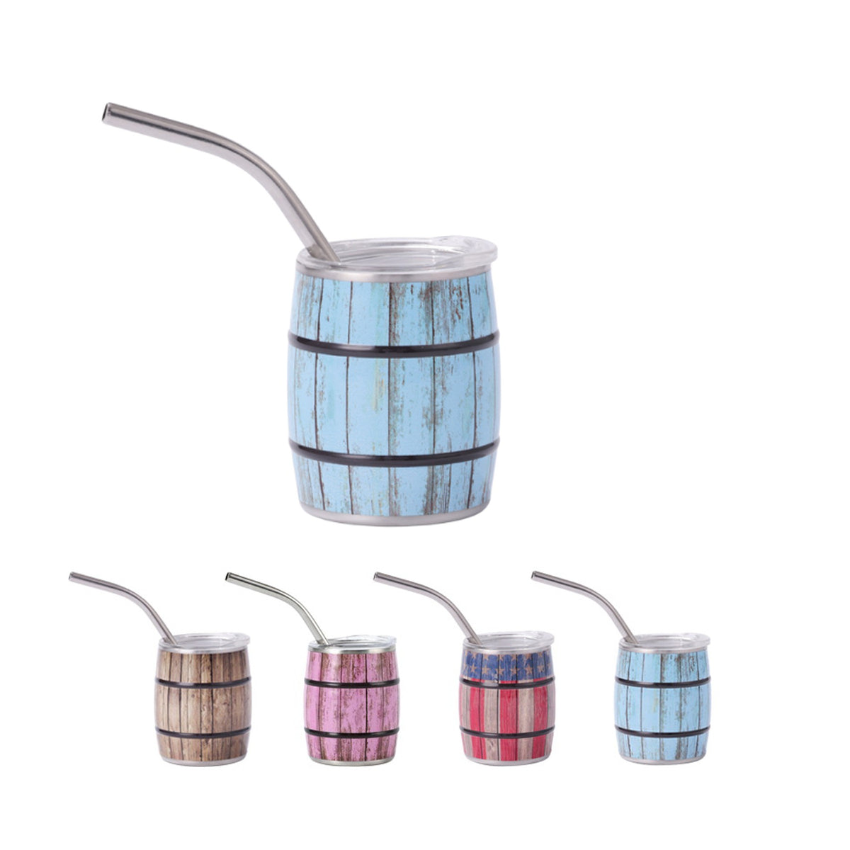 Screen Printed Barrel Shaped Mini Wine Cup W/ Straw 7 oz.